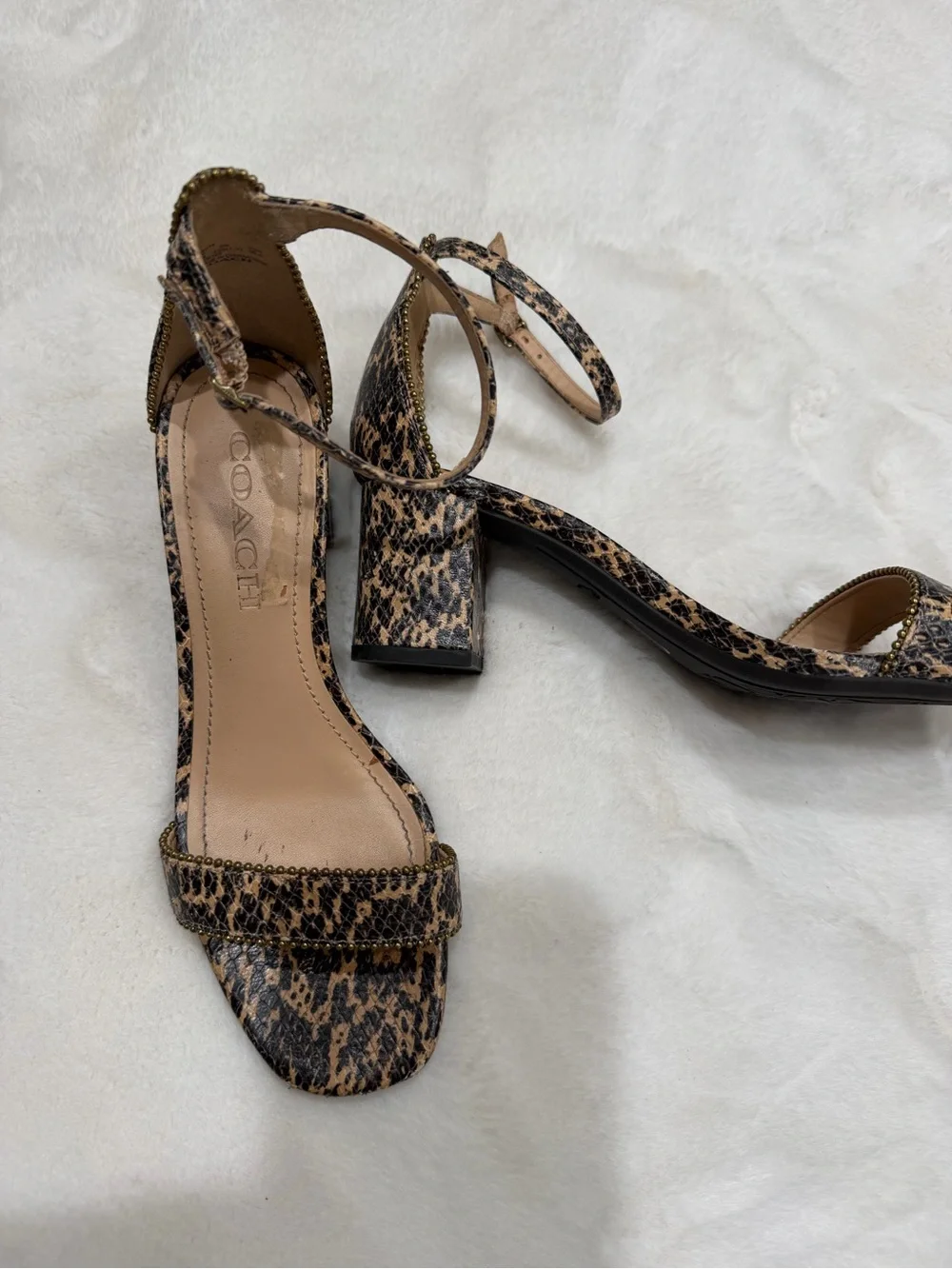 COACH Leopard Print Ankle-Strap Block Heel Sandals - Tan/Black Size 6